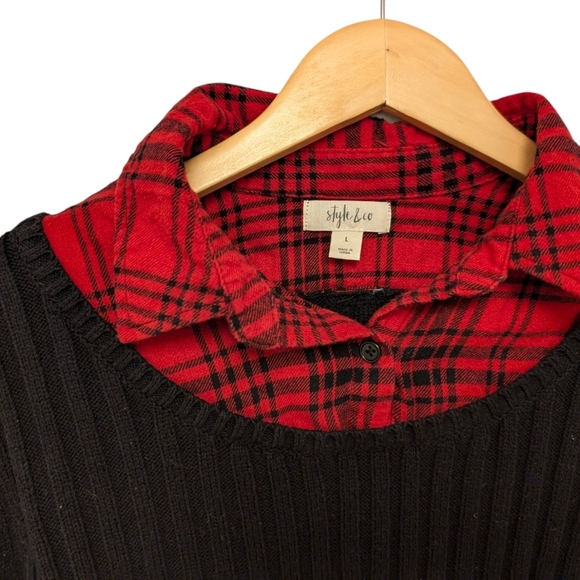 STYLE&CO Black Layered Sweater Red Flannel Plaid Shirt Collar Grunge Goth Large - Picture 6 of 7